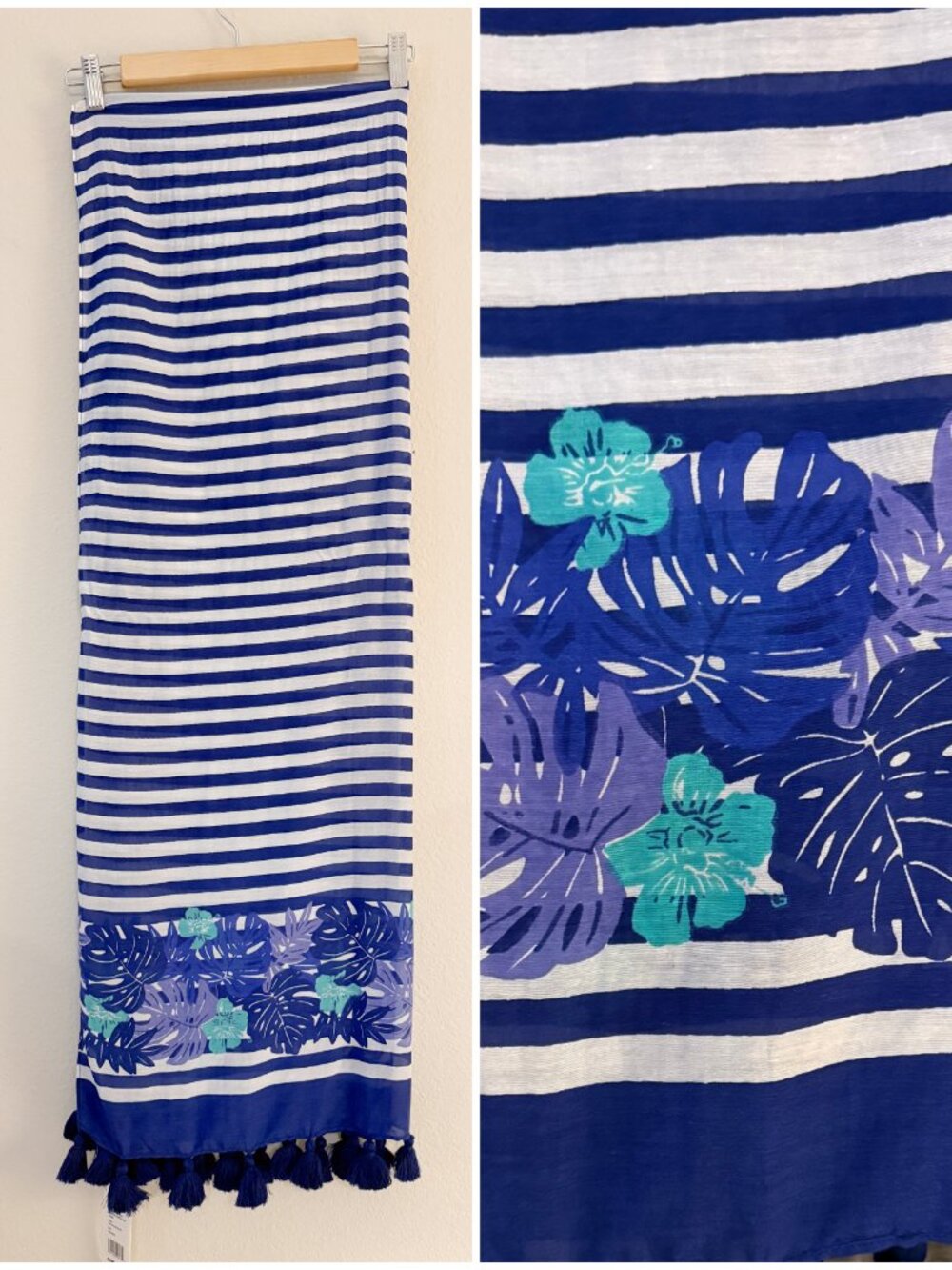NWT Vineyard Vines Monstera Striped Scarf Tassels Blue Summer